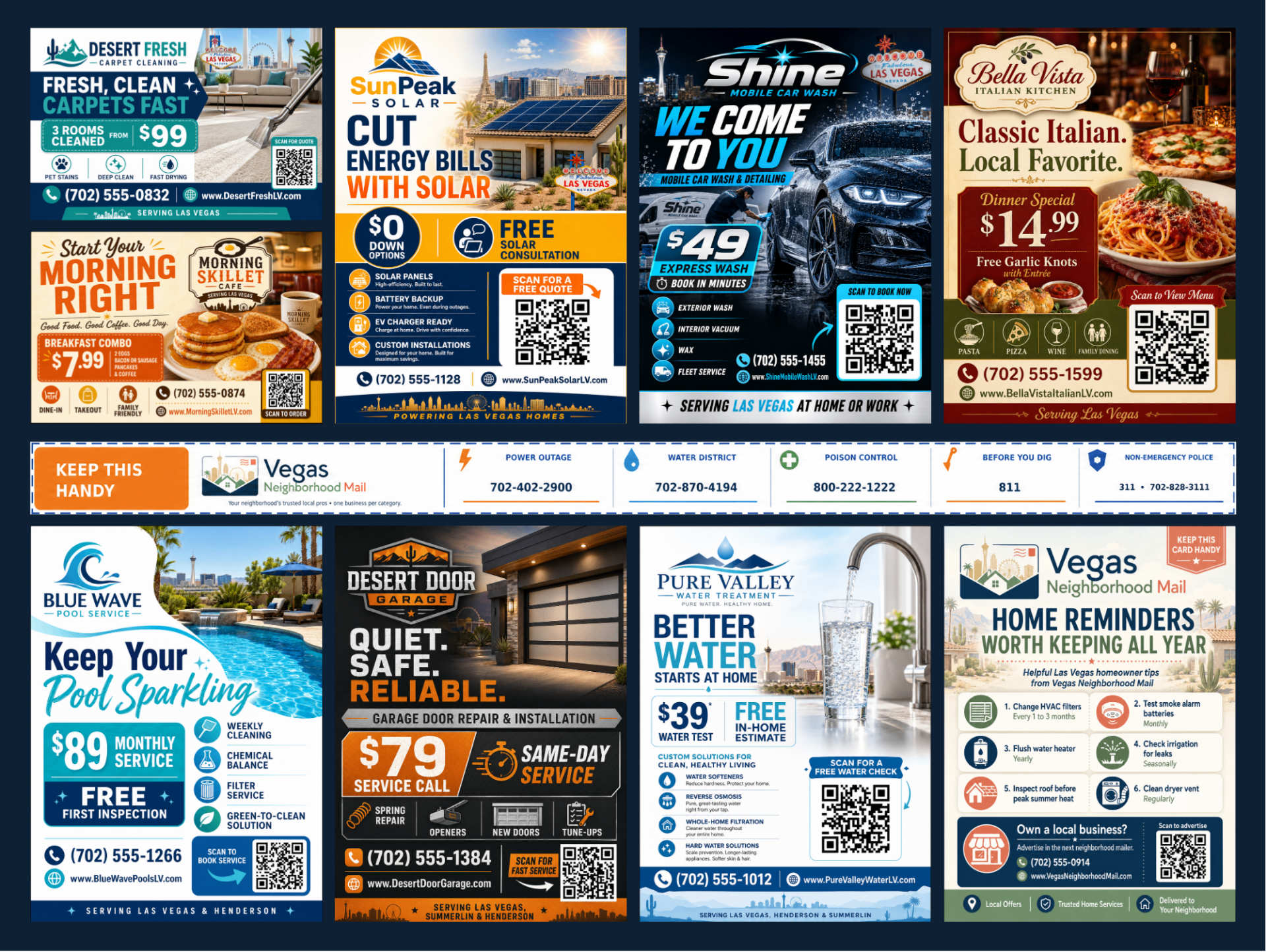 Front side of a Vegas Neighborhood Mail 9x12 postcard showing 9 category-exclusive Las Vegas business ads