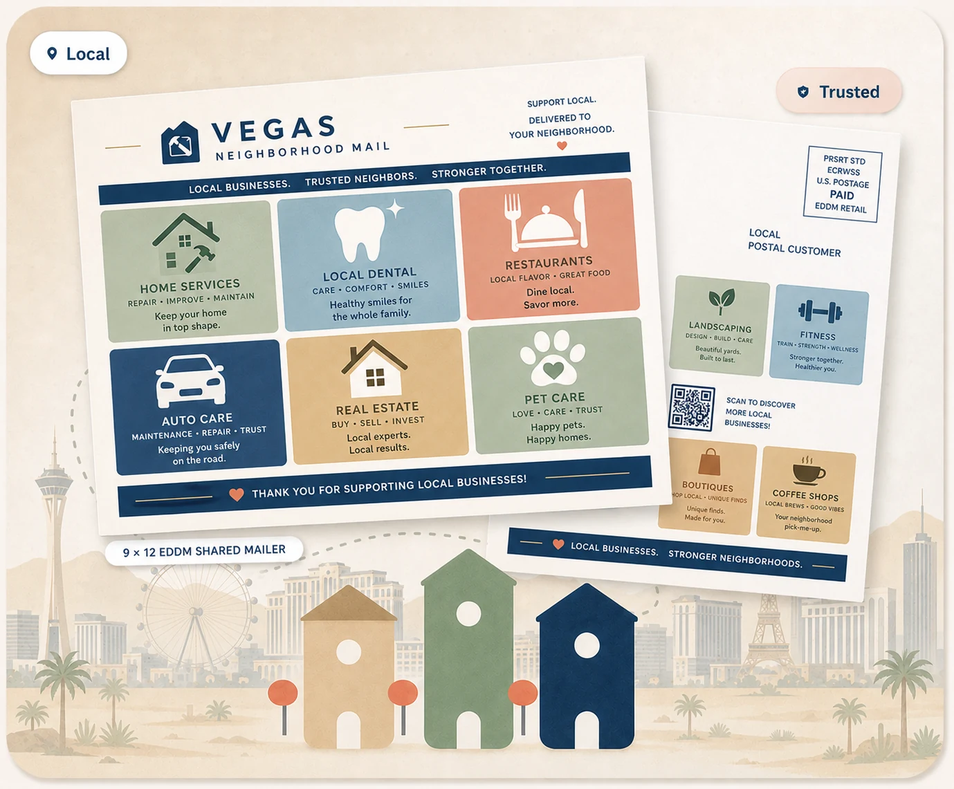 Vegas Neighborhood Mail 9×12 shared EDDM mailer featuring local business advertisements and Las Vegas neighborhoods.